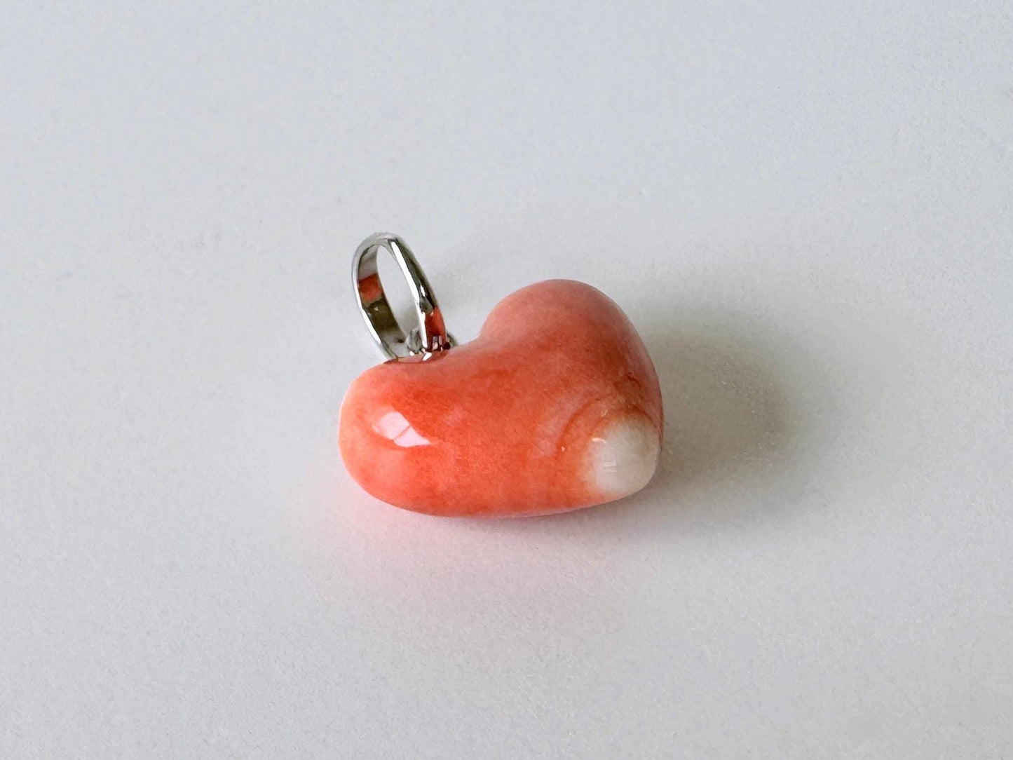 Orange Momo Coral Pendant - Natural Heart Shaped Coral Jewelry - Silver Bail (Rhodium-Plated), Genuine Material, 13.7x15.3mm