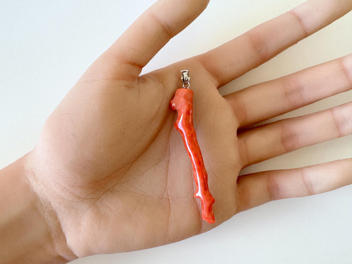 Momo Coral Branch Pendant: Natural Vermilion Orange Coral Jewelry (55mm Length, Rhodium-Plated Silver Bail, Japanese Coral)