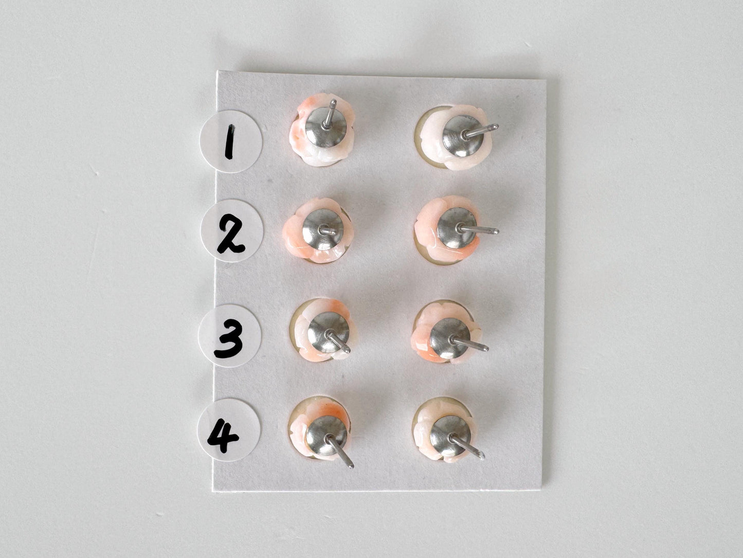 Hand-Carved Coral Rose Stud Earrings: Titanium Posts, Pink & White