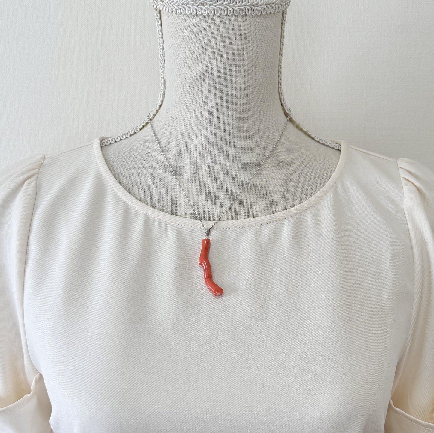 Momo Coral Branch Pendant Natural Jewelry, Japanese Orange Coral (45mm Length, Rhodium Silver Bail, Unique Gift)