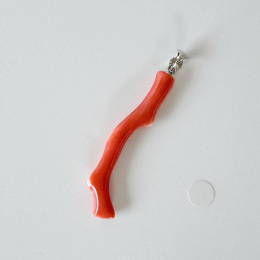 Momo Coral Branch Pendant Natural Jewelry, Japanese Orange Coral (46mm Length, Rhodium-Plated Silver Bail)
