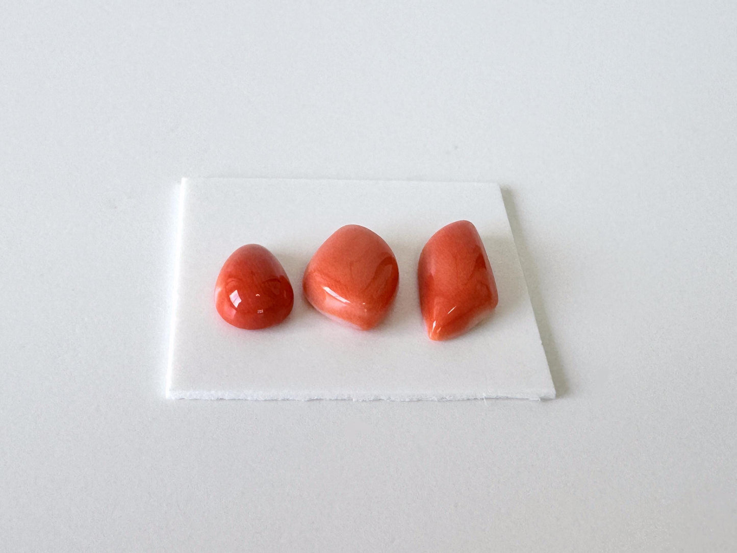 Momo Coral, Japanese Orange Unique Shaped Cabochon Set Of 3, Natural Flat Back - Half-Drilled | 9.2-13 X 6.6-8.2mm
