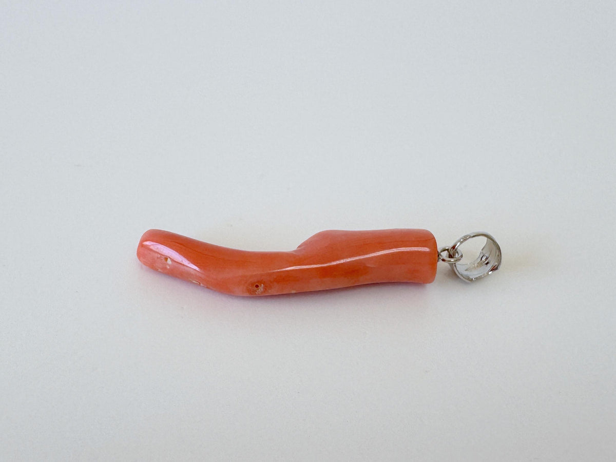 Momo Coral Branch Pendant Natural Jewelry, Japanese Orange Coral (35mm Length, Rhodium-Plated Silver Bail)