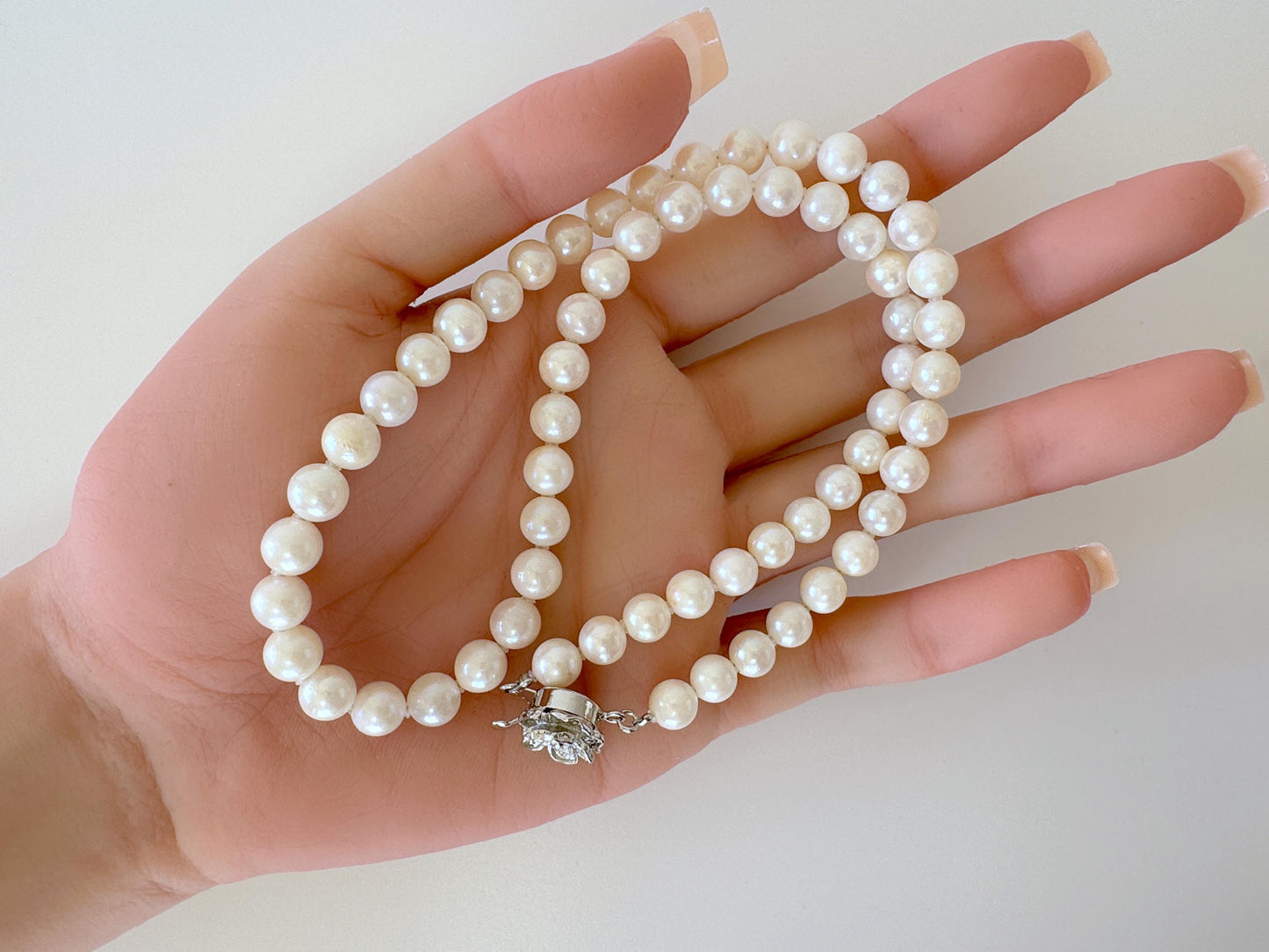 6.5-7mm Japanese Akoya Pearl Necklace with Silver Clasp, Genuine Akoya Pearl Beads Necklace, 45cm, 17.7in, Cultured Salt water pearl