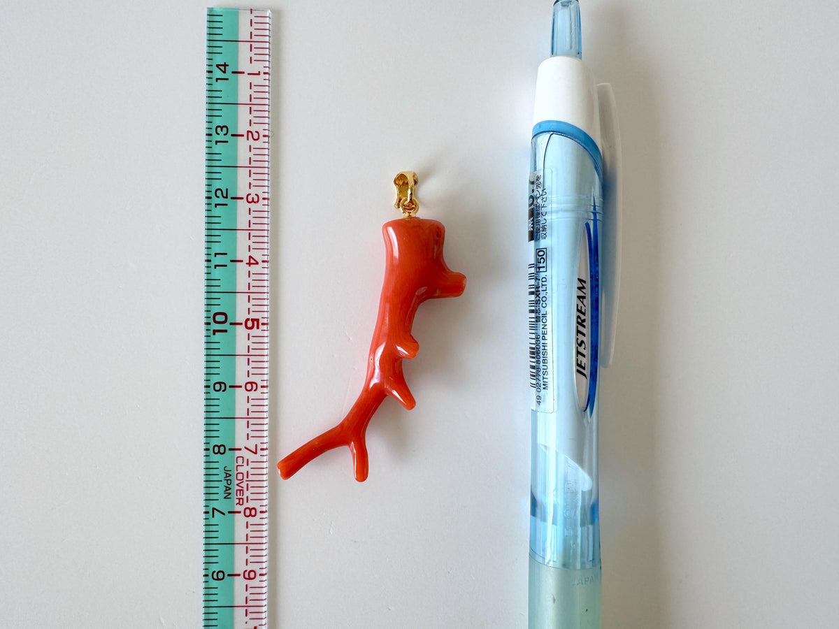 Momo Coral Branch Pendant: Natural Japanese Orange Coral Jewelry (44mm Size, Silver Gold-Plated Bail, Genuine Supply)