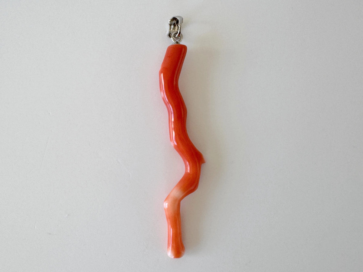Momo Coral Branch Pendant Natural Jewelry, Japanese Orange Coral (55mm Length, Rhodium-Plated Silver Bail)