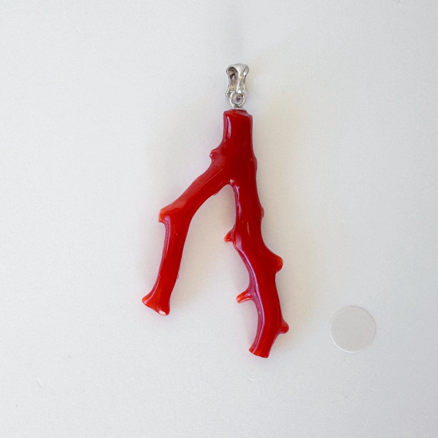 Natural Red Coral Branch Pendant: Oxblood Japanese Aka Coral, Rhodium Plated Silver Bail, 41mm