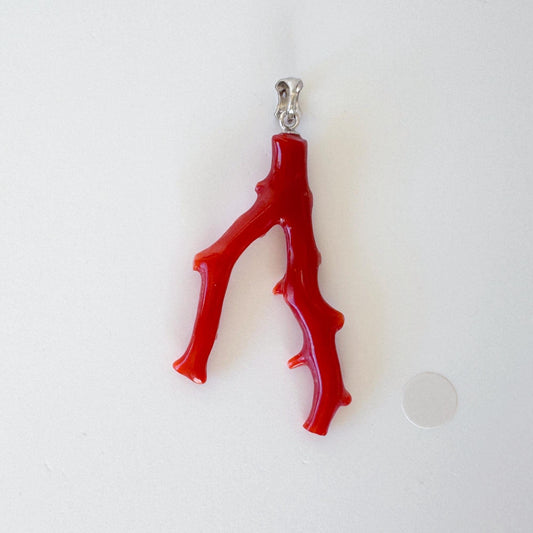 Natural Red Coral Branch Pendant: Oxblood Japanese Aka Coral, Rhodium Plated Silver Bail, 41mm