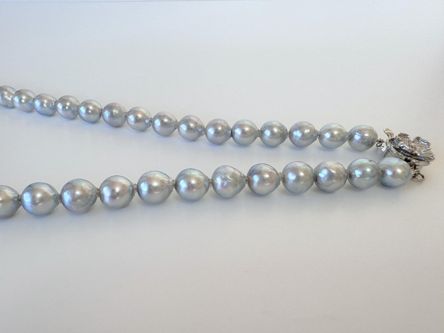 Akoya Pearl Necklace - 7.3-8mm Natural Blue Silver Cultured Saltwater Pearls with Silver Clasp