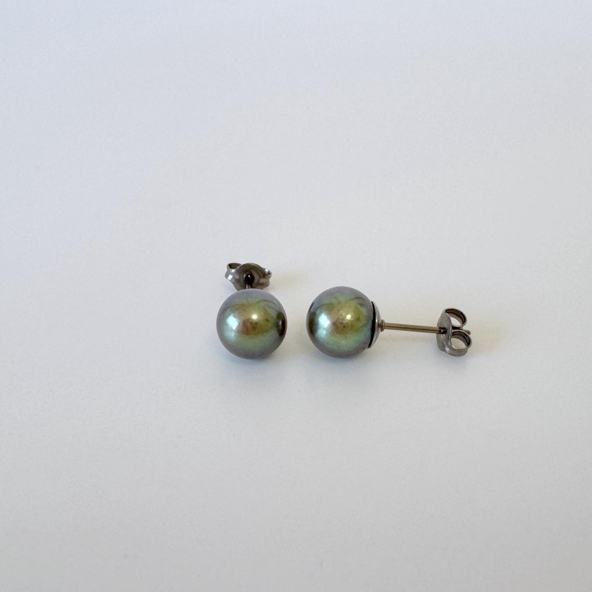 Japanese Peacock Black Akoya Pearl (Color Treated) Stud Earrings (7-7.5mm, Titanium Posts, Saltwater Cultured)