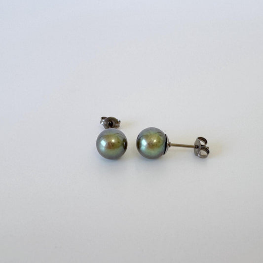 Japanese Peacock Black Akoya Pearl (Color Treated) Stud Earrings (7-7.5mm, Titanium Posts, Saltwater Cultured)