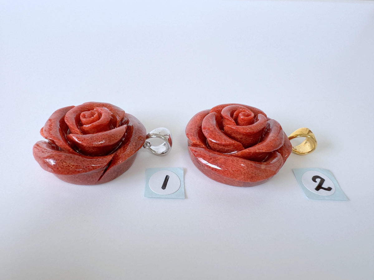 Sponge Coral Rose Pendant - Reddish-Brown Carved Jewelry - 30mm Diameter, Brass Bail, Apple Coral