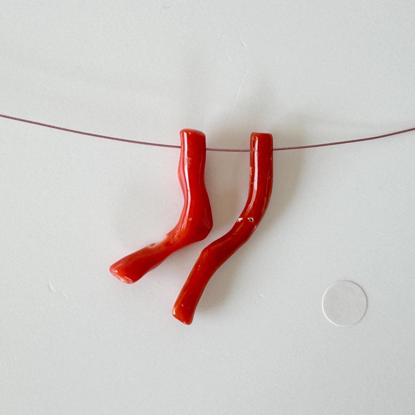 Japanese red(Aka) coral branch set for 2pcs, 28-35mm, side full hole, natural red color coral for jewelry making