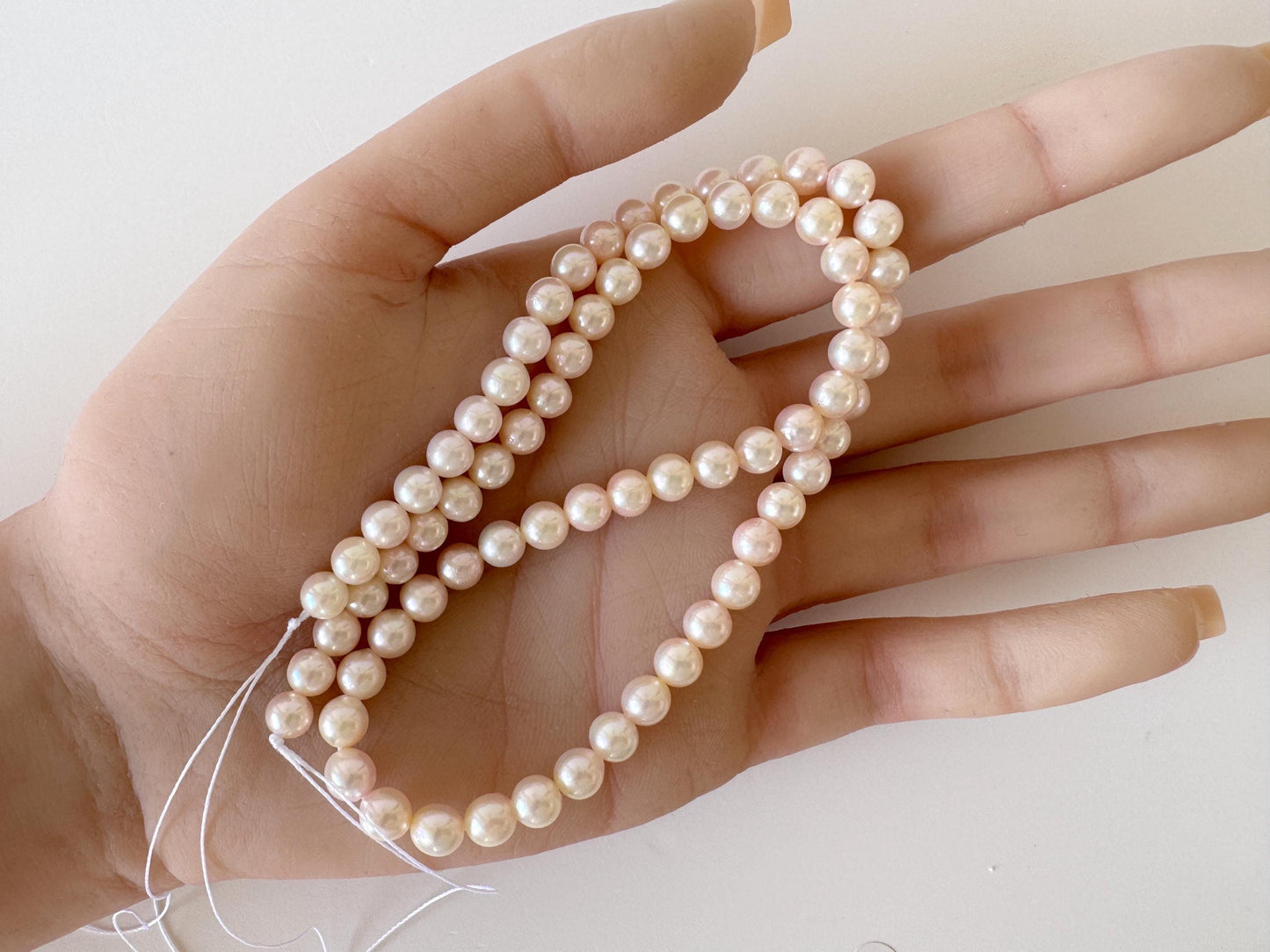 Akoya Pearl Strand: 5.5-6mm Japanese Cultured Pearls, White Pink Overtone | Full Strand, Saltwater Gems, 40cm Length