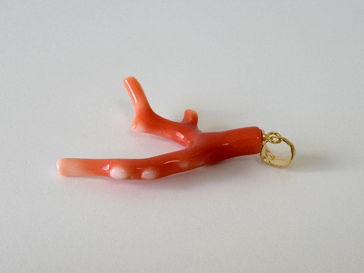 Momo Coral Branch Pendant Natural, Japanese Orange Coral (40mm Length, Silver Gold-Plated Bail, Genuine)