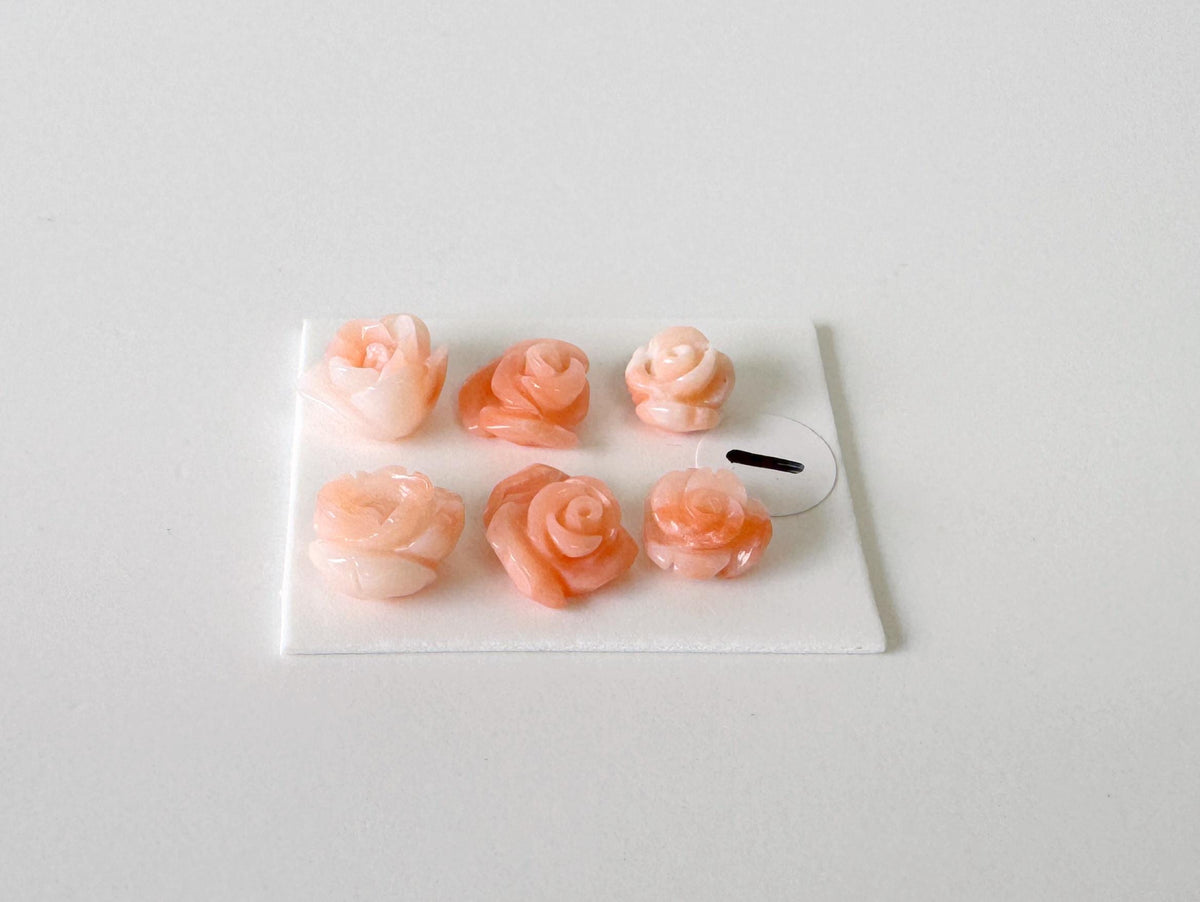 Pink Coral Rose Carvings Handmade Beads, Natural Deep Sea Coral (Value Priced Set, Drilled Holes, 6pcs 7-9mm)