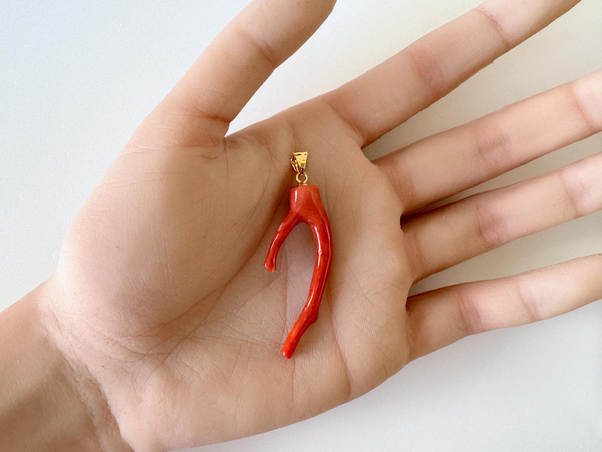 Momo Coral Branch Pendant Natural Jewelry: Vermilion Orange Japanese Coral (42mm, Silver Gold-Plated Bail, Lightweight)