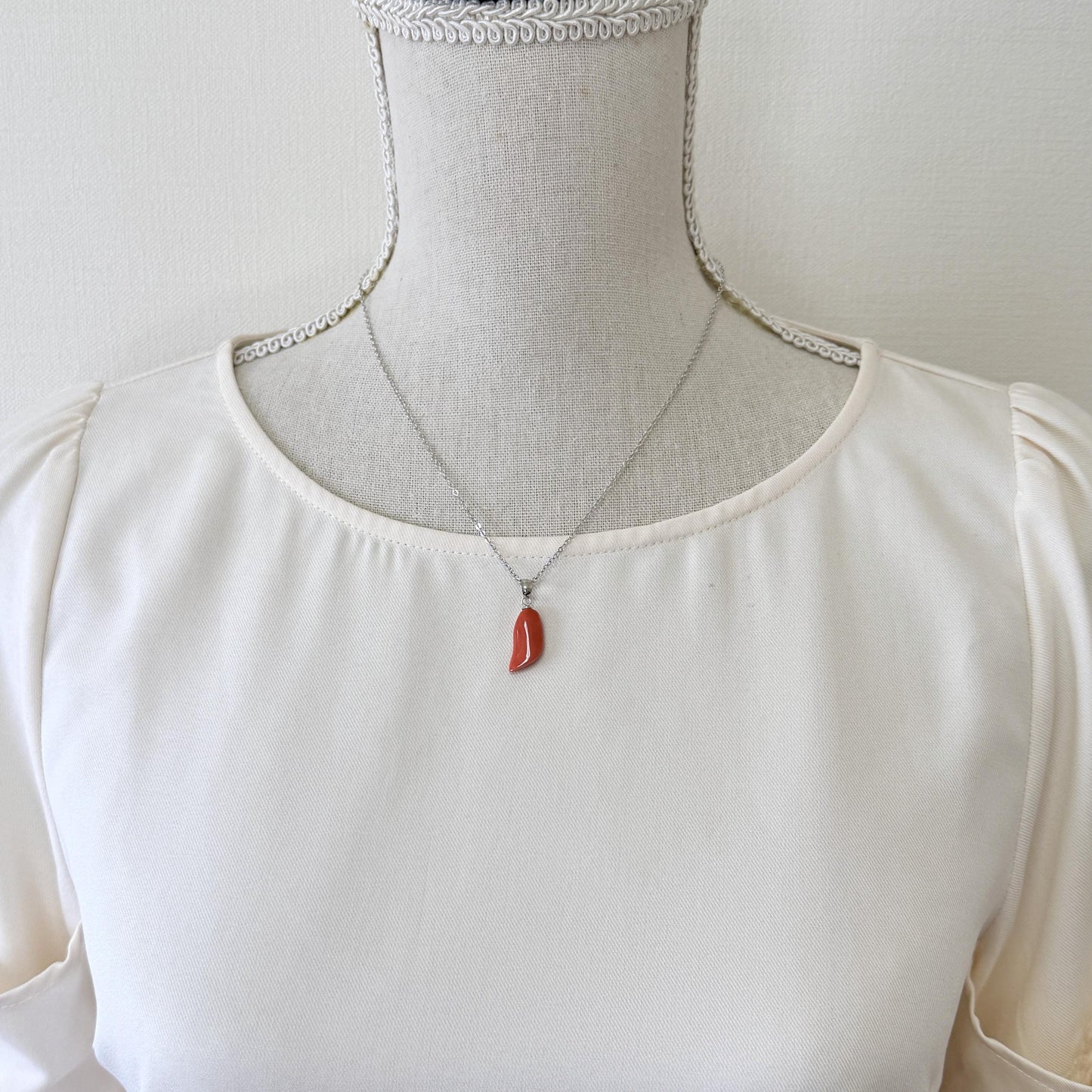 Orange Momo Coral Pendant - Natural Unique Shape Coral Jewelry - Silver Bail (Rhodium-Plated), Genuine Material, 17x9mm