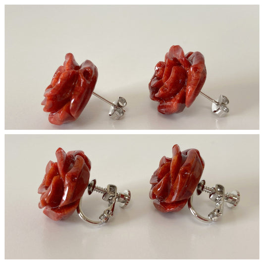 Sponge Coral 18mm Rose Stud Earring or Screw Clip Earring, natural African coral, Dark red color