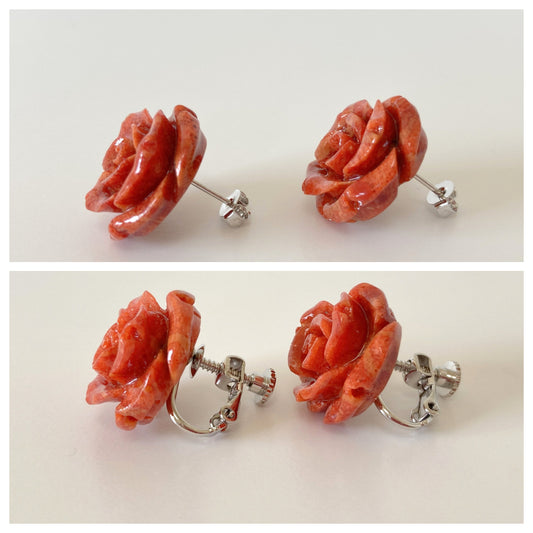 Sponge Coral 18mm Rose Stud Earring or Screw Clip Earring, natural African coral, Red color