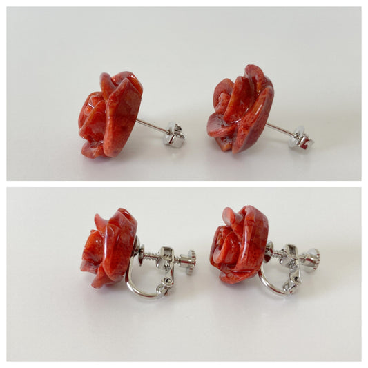 Sponge Coral 15mm Rose Stud Earring or Screw Clip Earring, natural African coral, Dark red color