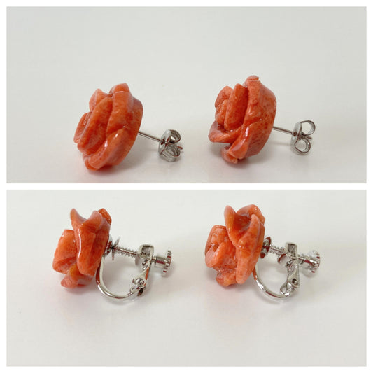 Sponge Coral 15mm Rose Stud Earring or Screw Clip Earring, natural African coral, Light red color