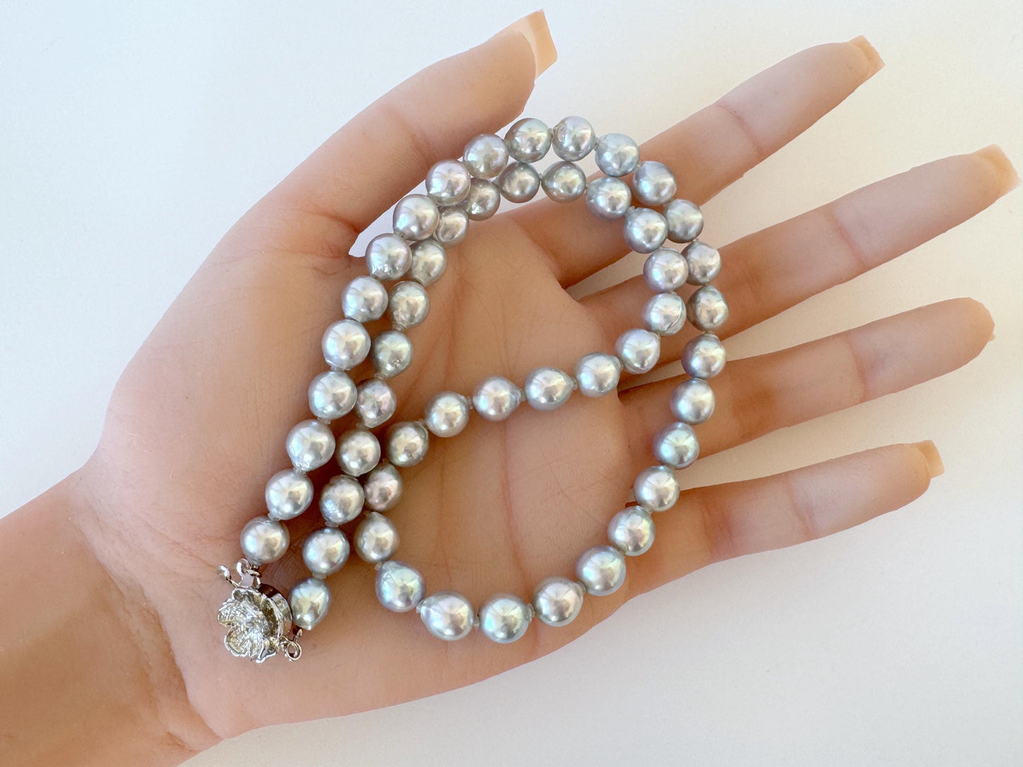 Akoya Pearl Necklace - 7.3-8mm Natural Blue Silver Cultured Saltwater Pearls with Silver Clasp