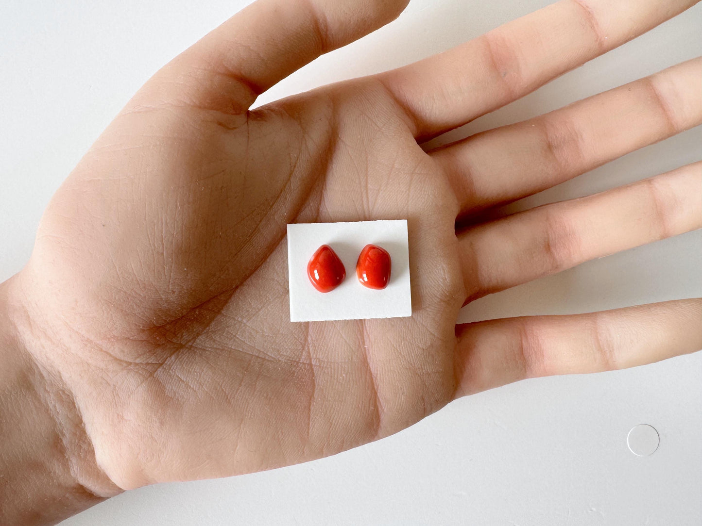 Momo Coral, Japanese Orange Cabochon | Loose 2 Pcs | Half-Drilled Back Hole, Flat-Back, 8.6-8.8mm X 7.1-8.1mm