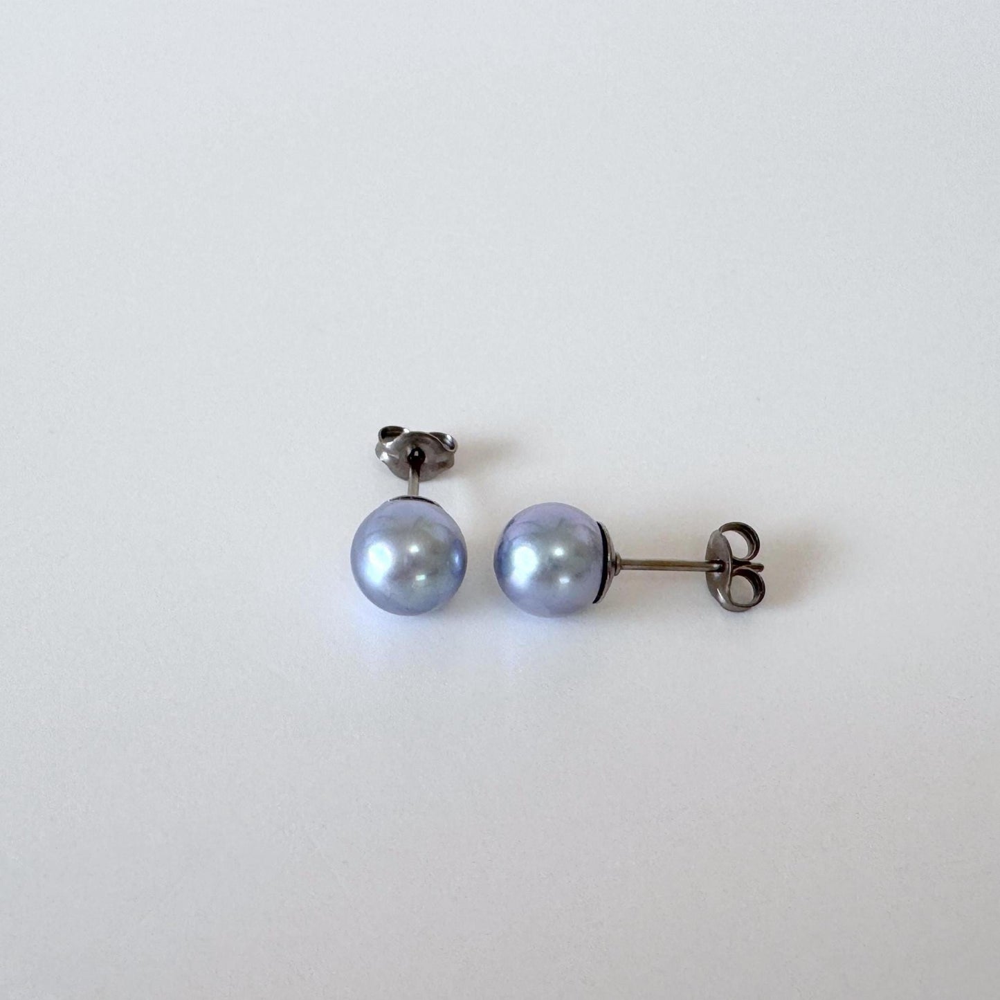 Japanese Akoya Pearl Stud Earrings, Blue Silver Treated (7mm, Titanium Posts, Saltwater Cultured)