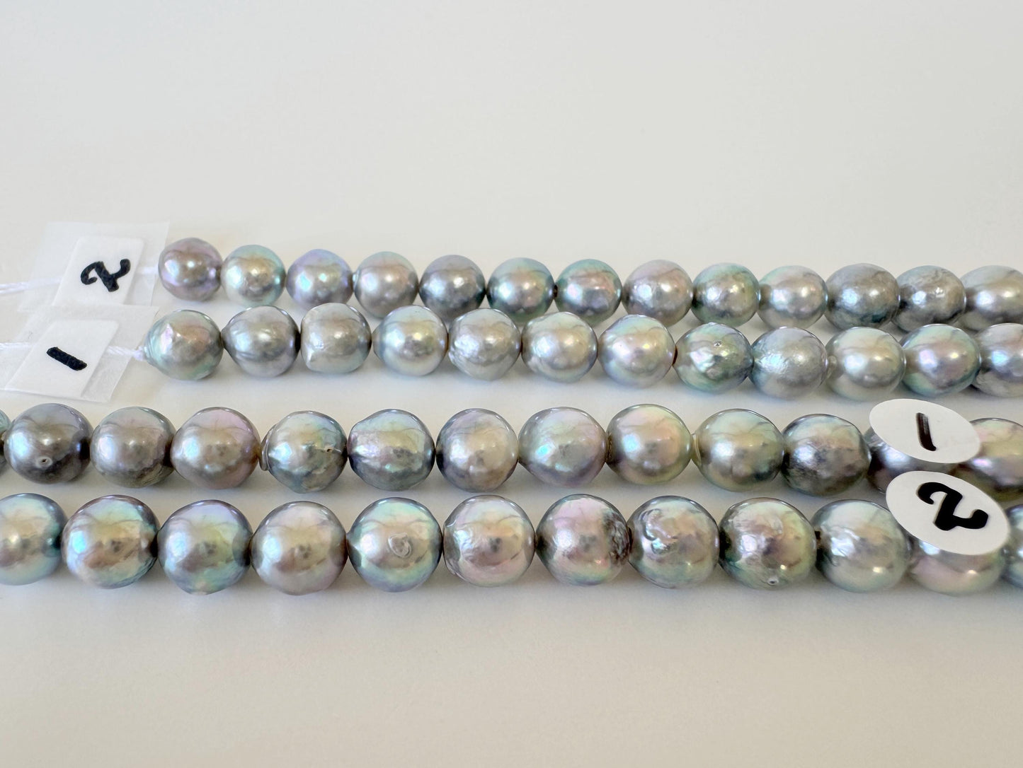 Japanese Akoya Pearl Strand - Cultured Semi-Round Beads - Natural Blue Silver Color, 7-7.5mm Size, Full 40cm Length