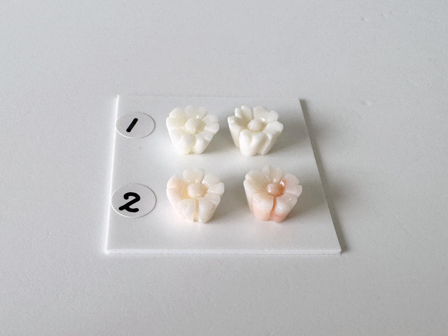 Coral Cherry Blossom Carvings: Natural Deep Sea Coral Sakura Loose Pair, White Pink Tones | 10mm, Half Drilled, Jewelry Making Supplies
