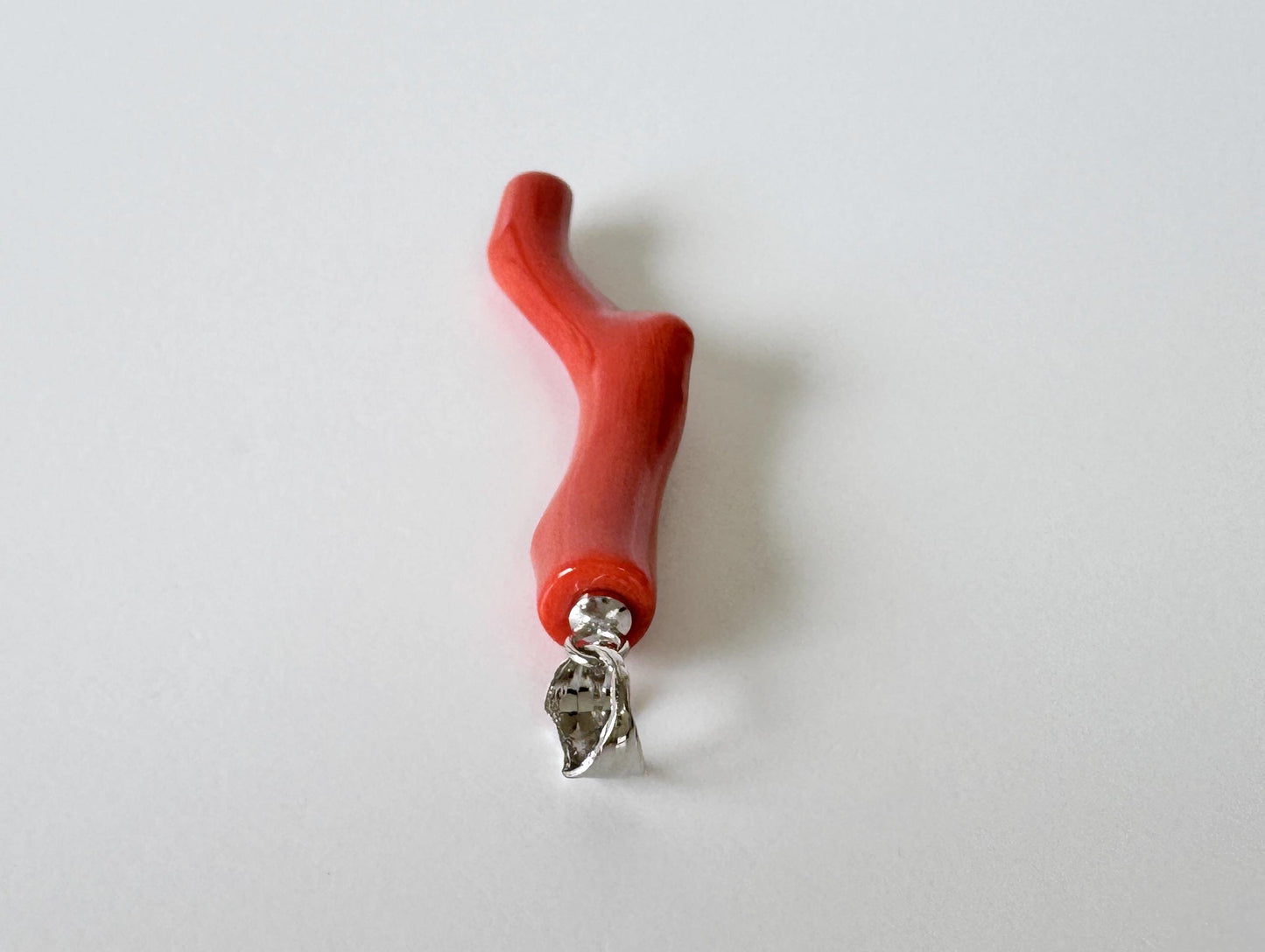 Momo Coral Branch Pendant: Japanese Coral Jewelry, Vermilion Orange (37mm, Rhodium-Plated Silver Bail)