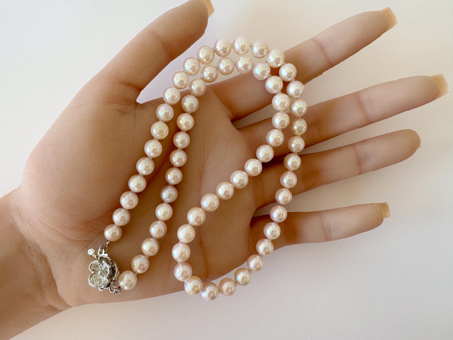 Necklace, 6.5-7mm Japanese Cream White Akoya Pearl Necklace with Silver Clasp, Genuine Akoya Pearl, 45cm, 17.7in, Cultured Salt water pearl