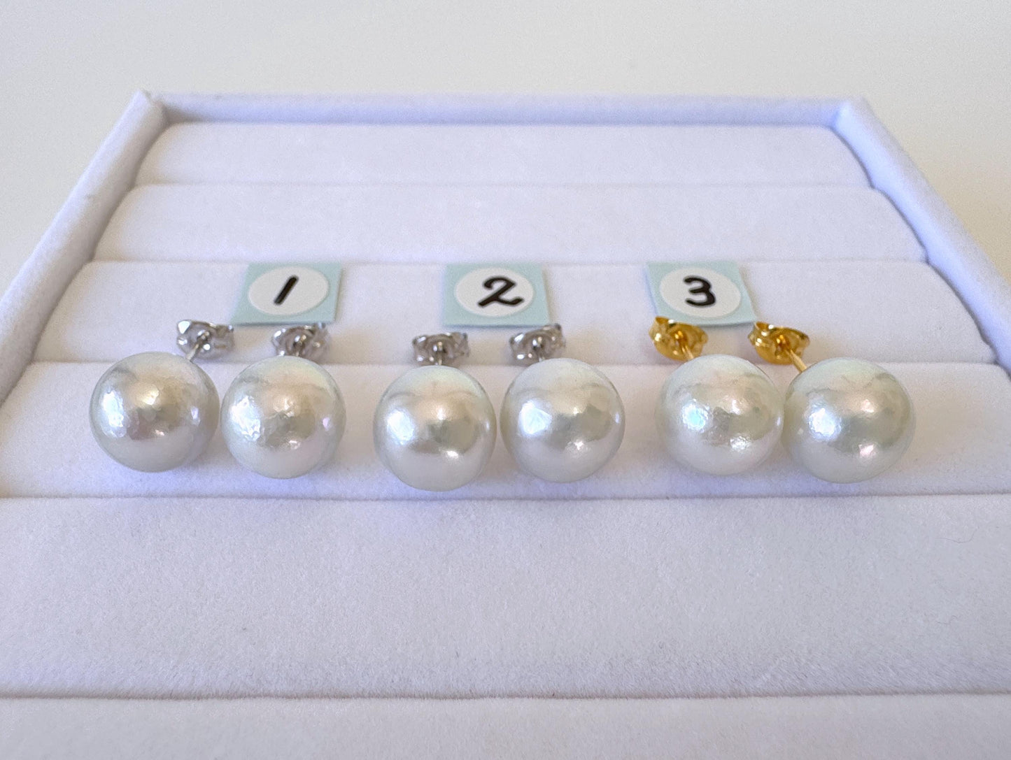 Akoya Pearl Stud Earrings: Japanese Natural Light Blue Pearls, Silver 925 (9.5mm Semi-Round, Saltwater Cultured)