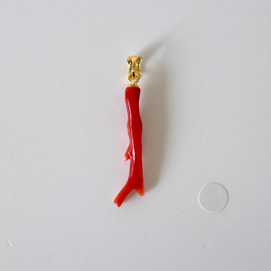 Natural Red (Aka) Coral Branch Pendant, Natural Color Japanese Coral, Length 30mm, Silver bail (gold plated)