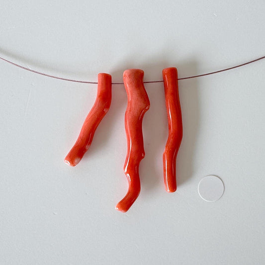 Natural Japanese Momo Coral branches, Set of 3pcs, Natural Orange Color, Side Full-Hole, Genuine Precious Coral, for Jewelry Making