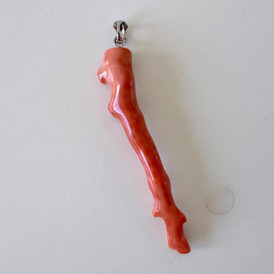 Momo Coral Branch Pendant: Natural Vermilion Orange Coral Jewelry (55mm Length, Rhodium-Plated Silver Bail, Japanese Coral)