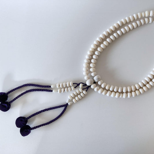 Japanese Big Long Rosary, Mala, Prayer Beads, Natural White Bamboo Coral, 10x7mm, Rondelle, Disc Shape, Abacus Beads, 108 Pcs., Pure Silk