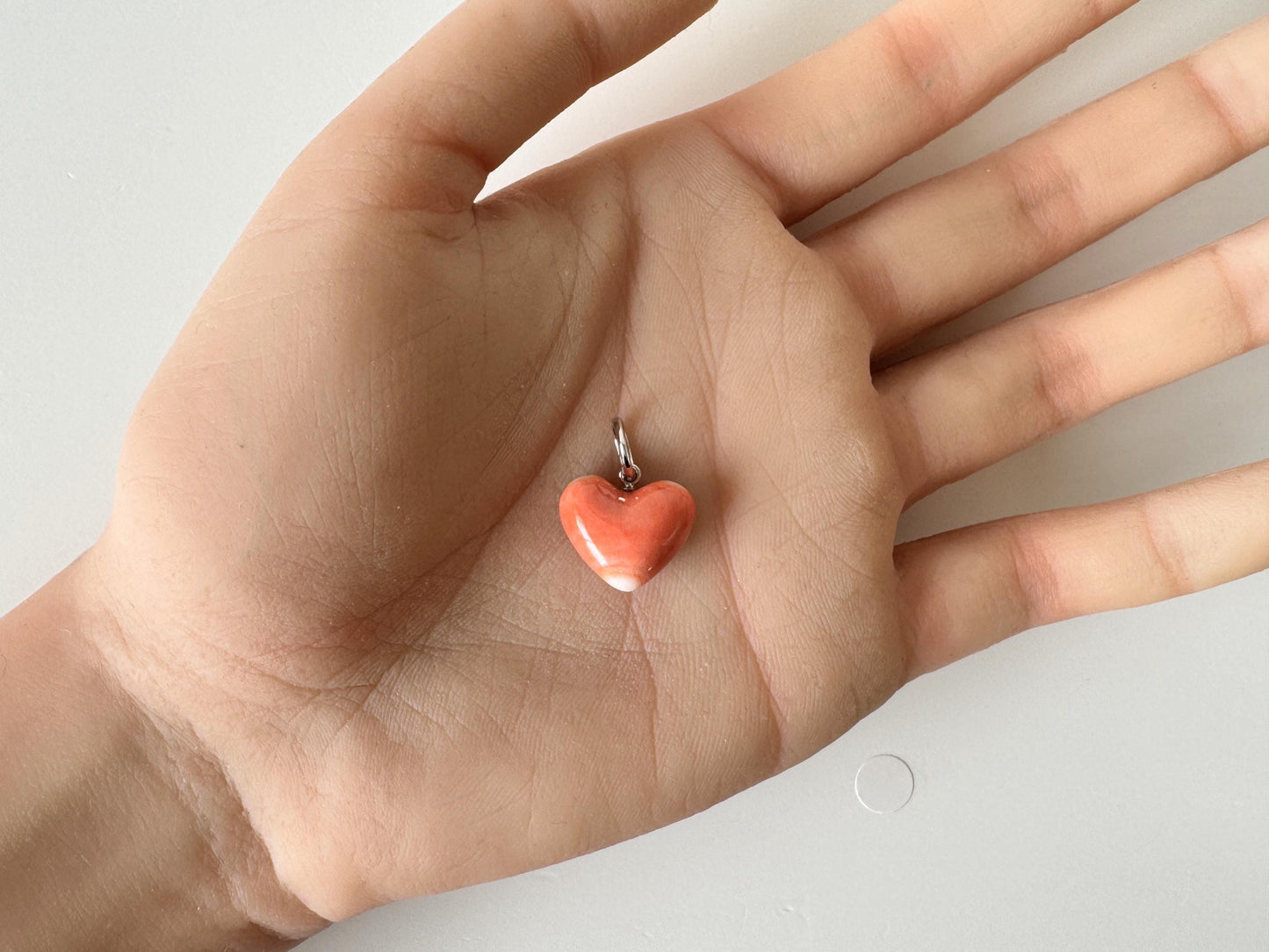 Orange Momo Coral Pendant - Natural Heart Shaped Coral Jewelry - Silver Bail (Rhodium-Plated), Genuine Material, 13.7x15.3mm