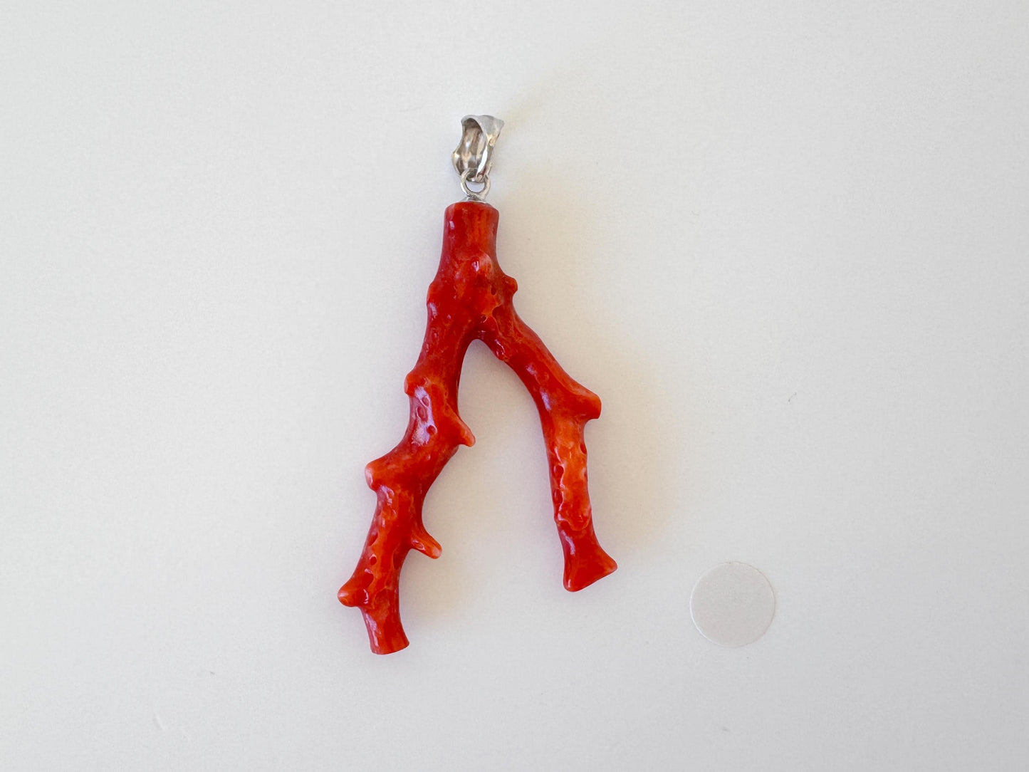 Natural Red Coral Branch Pendant: Oxblood Japanese Aka Coral, Rhodium Plated Silver Bail, 41mm