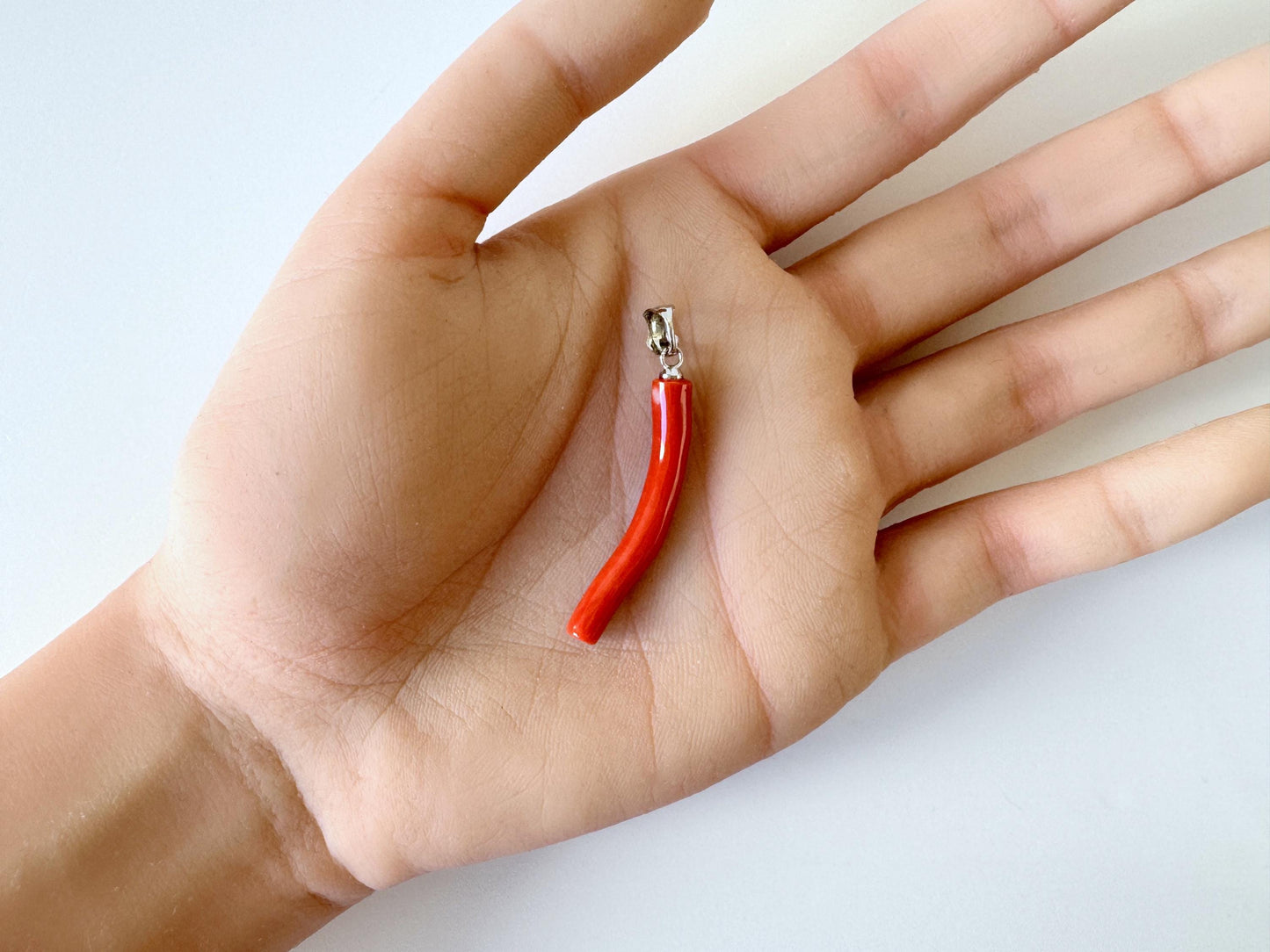 Momo Coral Branch Pendant - Japanese Coral Jewelry - Vermilion Orange, 34mm, Rhodium Silver Bail