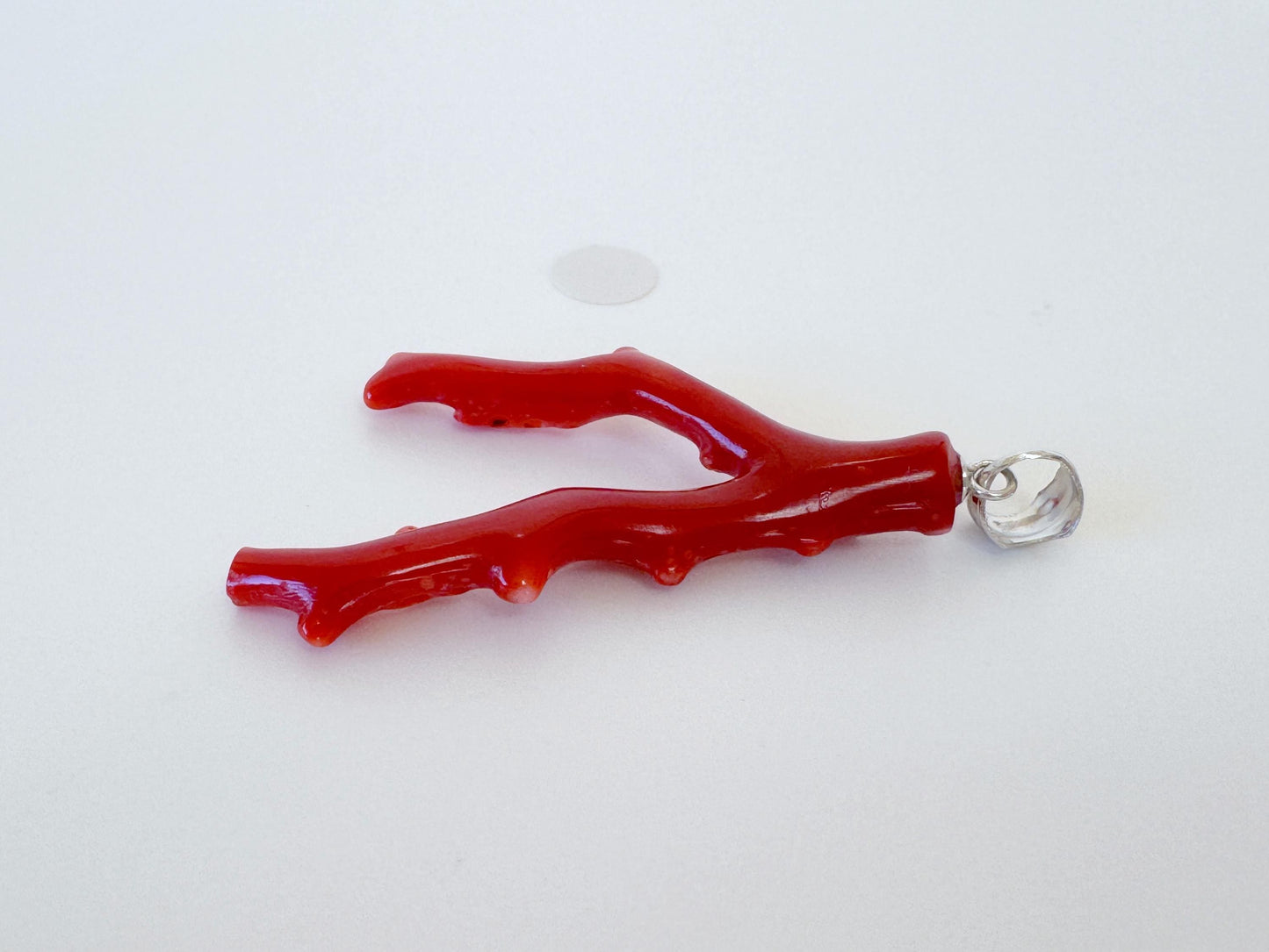 Natural Red Coral Branch Pendant: Oxblood Japanese Aka Coral, Rhodium Plated Silver Bail, 41mm