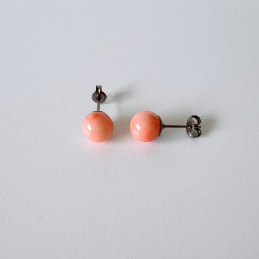 Deep Sea Coral Stud Earrings - Natural Pink Orange Round Shape - Titanium Post Backing, Genuine Coral, 7.5mm