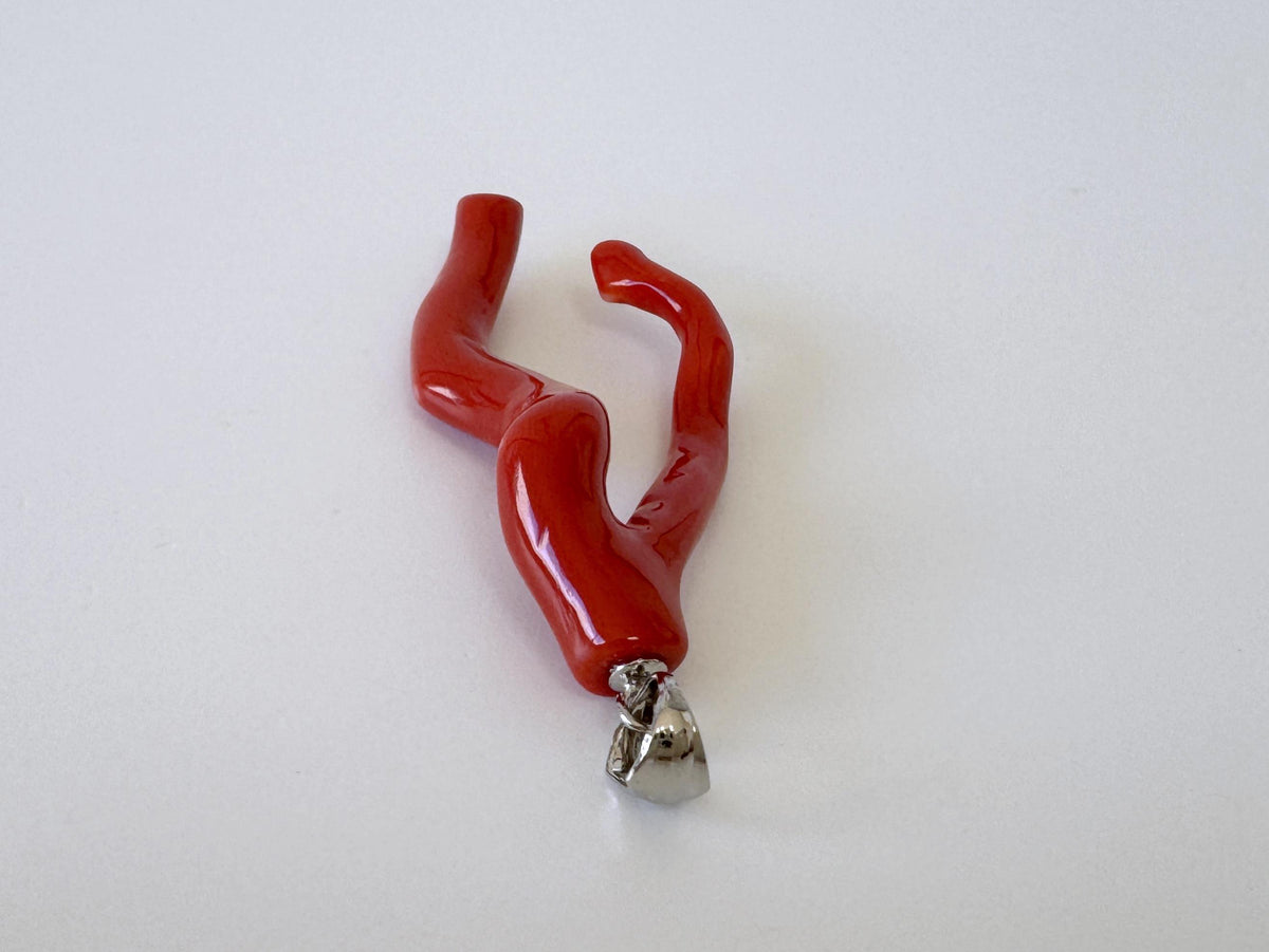 Momo Coral Branch Pendant: Japanese Coral Jewelry, Vermilion Orange (44mm, Rhodium-Plated Silver Bail)