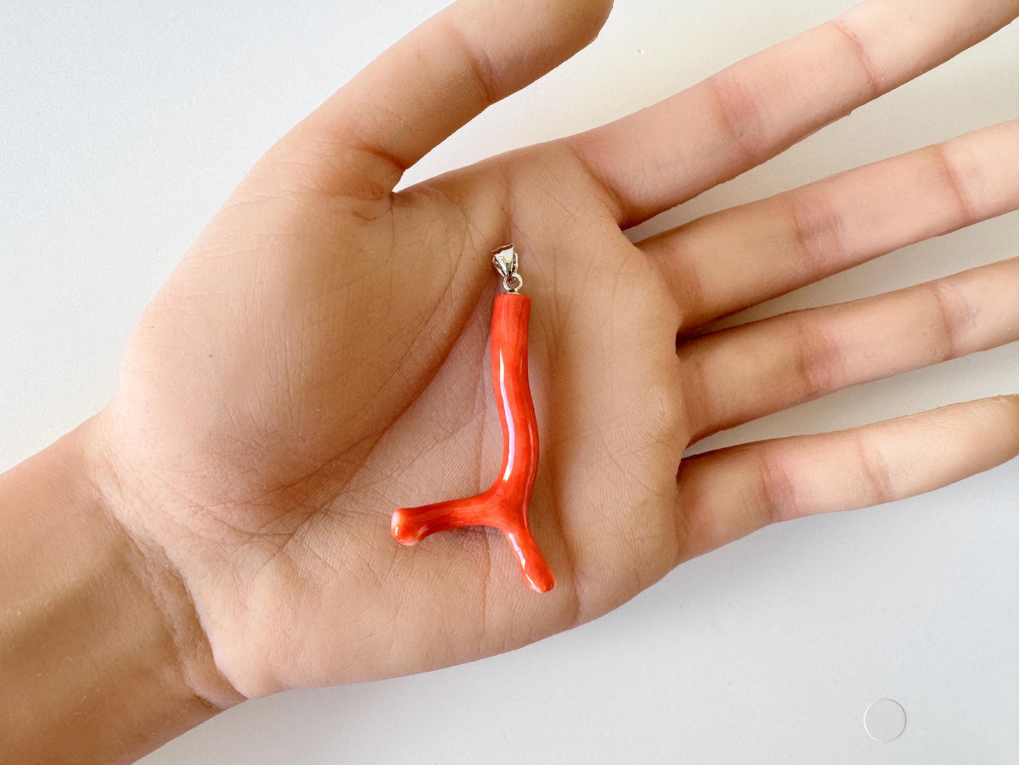 Momo Coral Branch Pendant Natural, Japanese Orange Coral (44mm Length, Rhodium-Plated Silver Bail, Deep Sea Origin)
