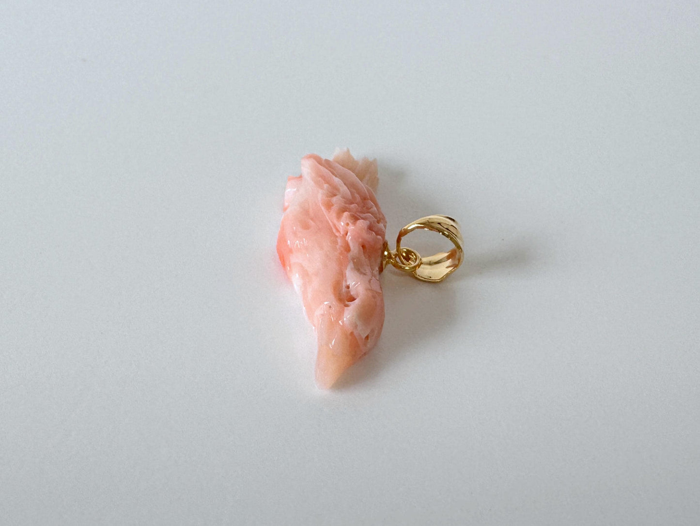Carved Coral Bird Pendant Natural Jewelry, Pink Deep Sea Coral (35x10.4mm, Gold-plated Silver Bail, Hand Carved)