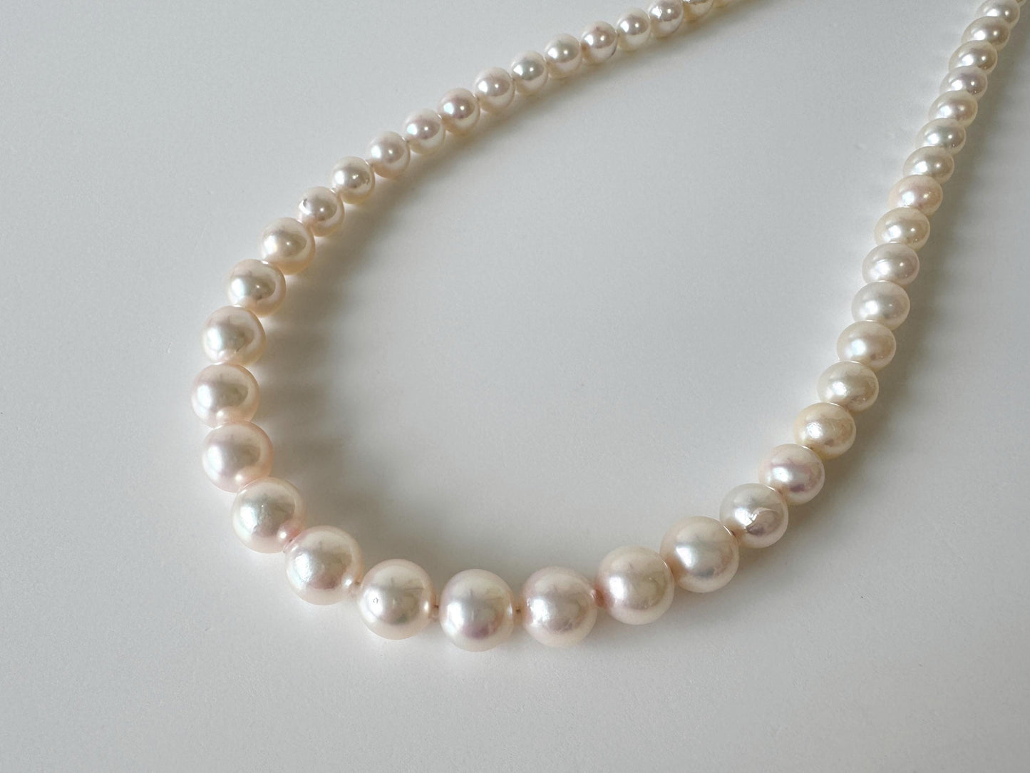 Japanese Akoya Pearl Necklace: White/Slightly Pink 6.8-9.3mm Cultured Strand, Silver Clasp | Saltwater Gems, 45cm Length