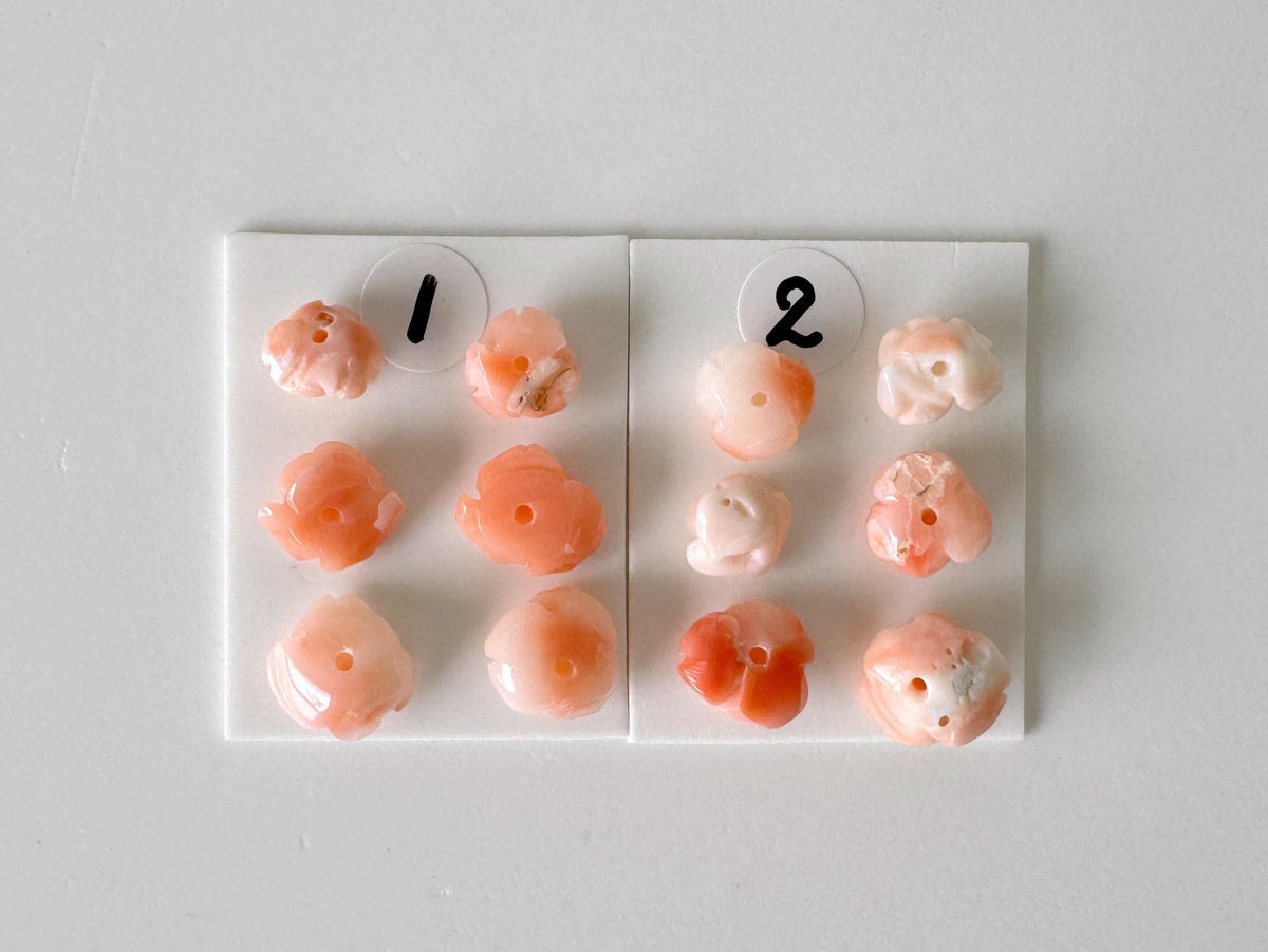 Pink Coral Rose Carvings Handmade Beads, Natural Deep Sea Coral (Value Priced Set, Drilled Holes, 6pcs 7-9mm)