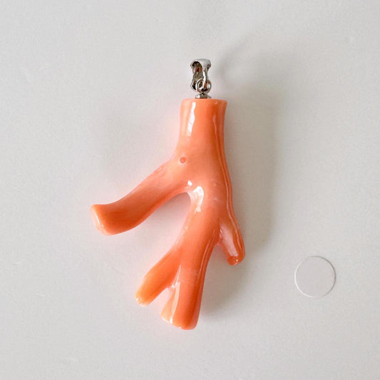 Natural Deep Sea Coral Branch Pendant, 43mm, Natural Pink/Orange color coral branch pendant, Silver (Rhodium-Plated) bail