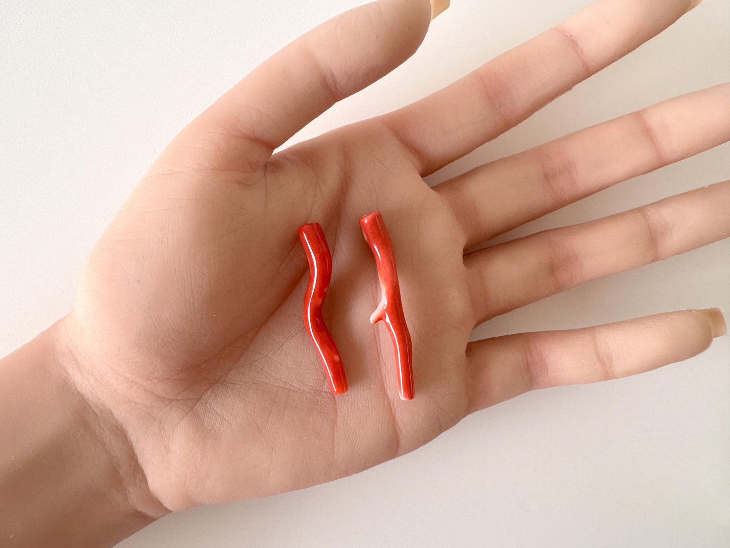 Momo Coral Branches: Natural Japanese Orange Vermilion Set, 37-41mm, Hole On Top | Precious Gemstones, Jewelry Supplies, Set of 2 Pieces